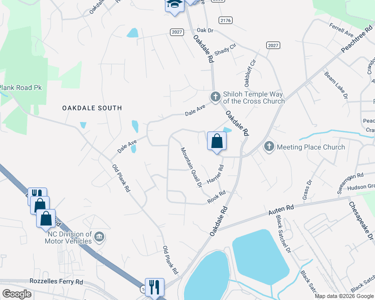 map of restaurants, bars, coffee shops, grocery stores, and more near 730 Mountain Quail Drive in Charlotte