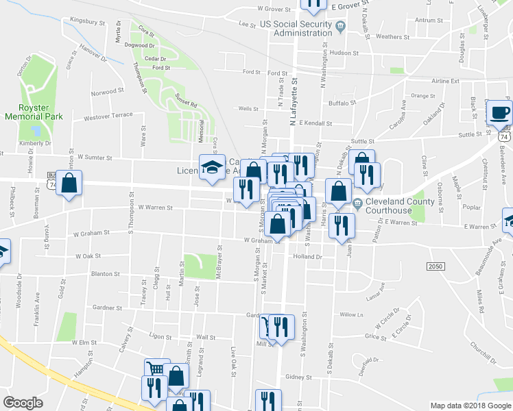 map of restaurants, bars, coffee shops, grocery stores, and more near North Clyde Street in Shelby