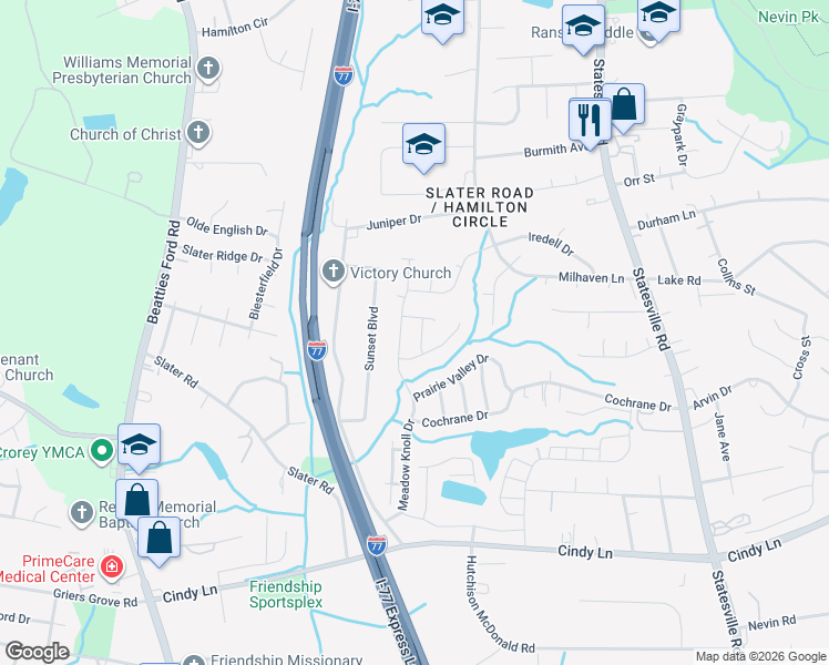 map of restaurants, bars, coffee shops, grocery stores, and more near 2415 Mint Thistle Court in Charlotte