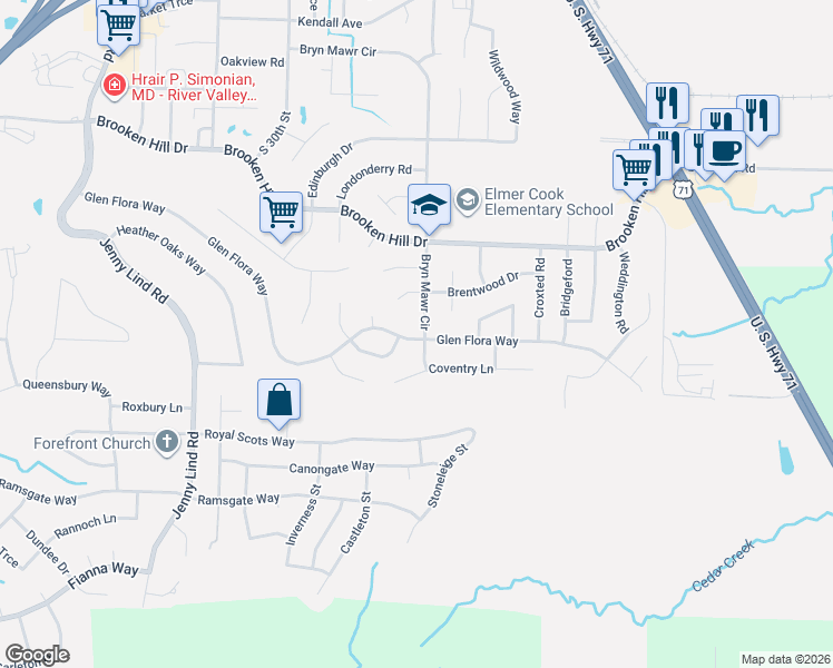 map of restaurants, bars, coffee shops, grocery stores, and more near 3404 Brentwood Drive in Fort Smith