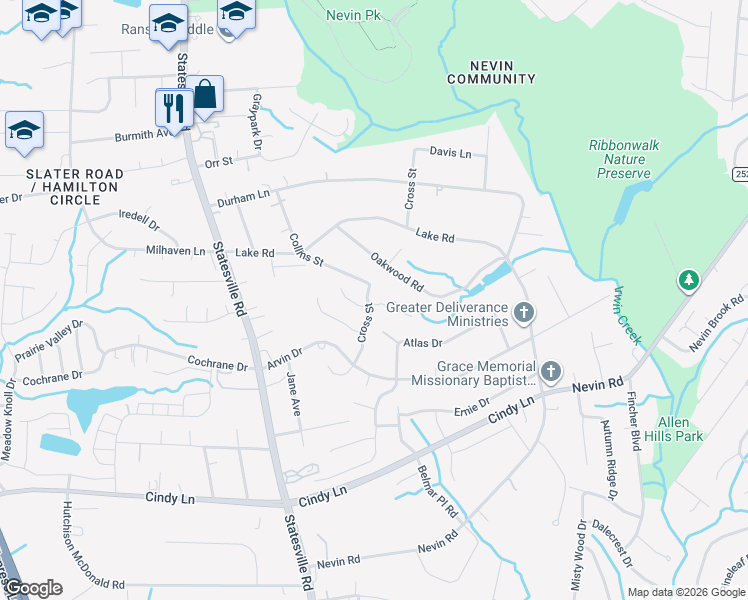 map of restaurants, bars, coffee shops, grocery stores, and more near 5228 Collins Street in Charlotte