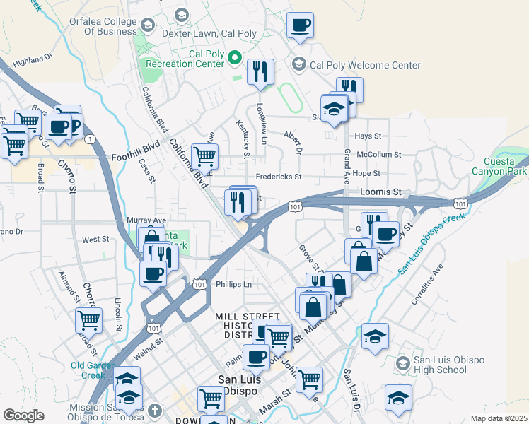 map of restaurants, bars, coffee shops, grocery stores, and more near in San Luis Obispo