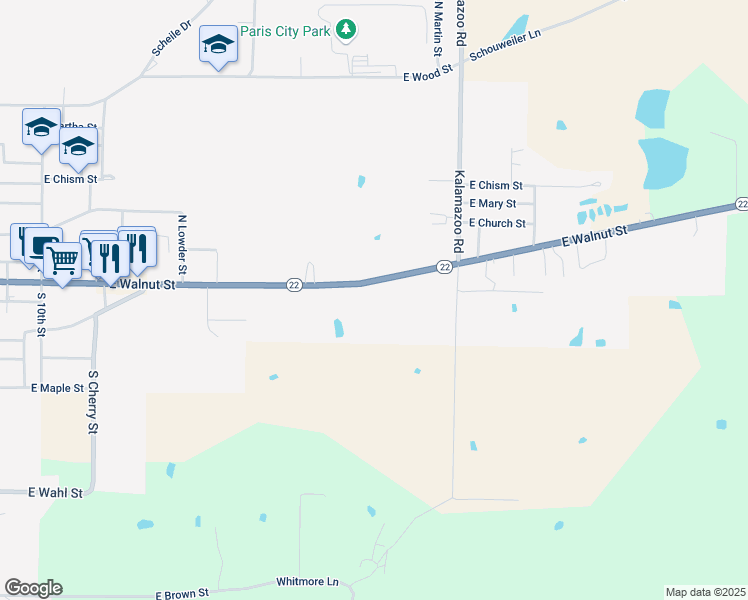 map of restaurants, bars, coffee shops, grocery stores, and more near 2708 East Walnut Street in Paris
