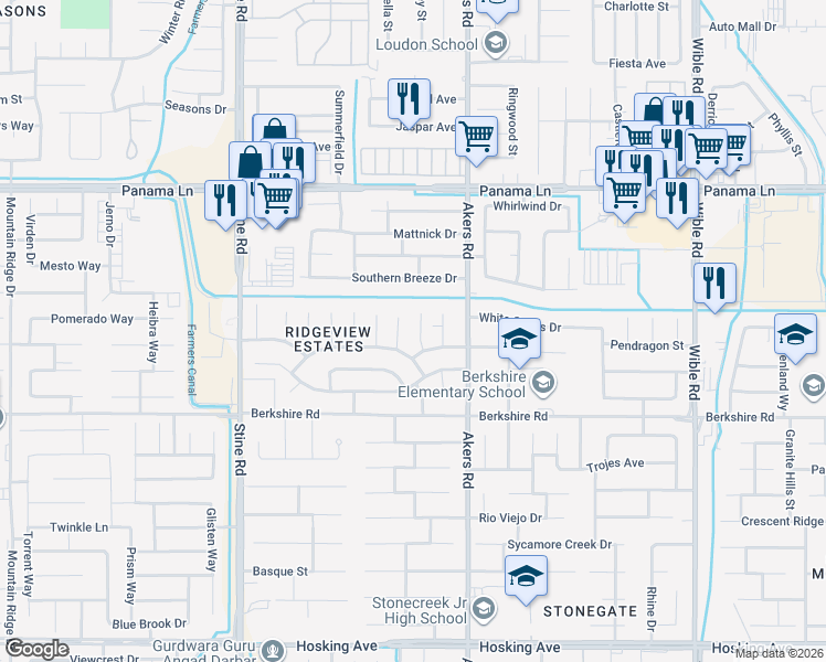 map of restaurants, bars, coffee shops, grocery stores, and more near 7005 Mill Glen Forest Court in Bakersfield