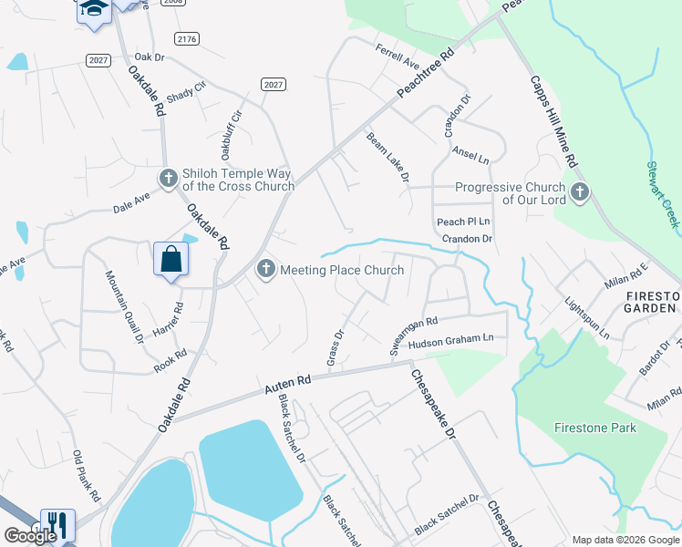 map of restaurants, bars, coffee shops, grocery stores, and more near 1212 Grass Meadows Court in Charlotte