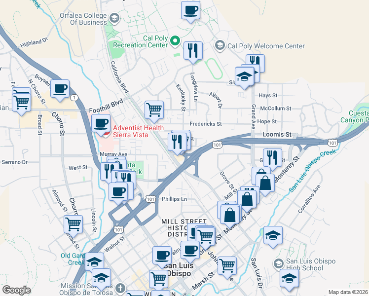 map of restaurants, bars, coffee shops, grocery stores, and more near 526 Kentucky Street in San Luis Obispo
