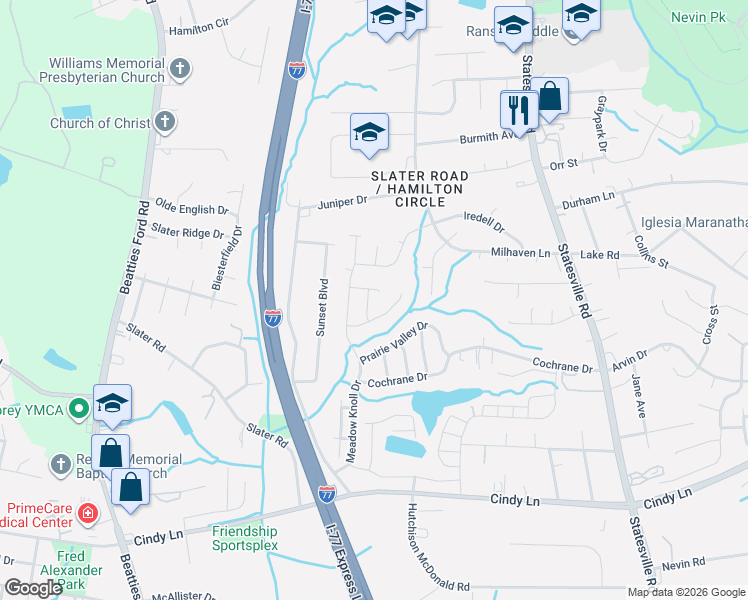 map of restaurants, bars, coffee shops, grocery stores, and more near 2415 Mint Thistle Court in Charlotte