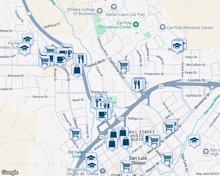 map of restaurants, bars, coffee shops, grocery stores, and more near 144 Stenner Street in San Luis Obispo