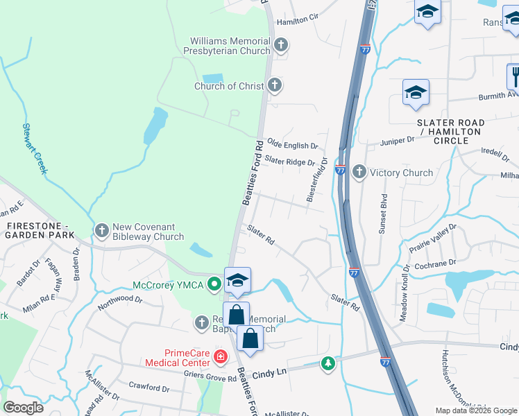 map of restaurants, bars, coffee shops, grocery stores, and more near 4202 Bryan Furr Drive in Charlotte