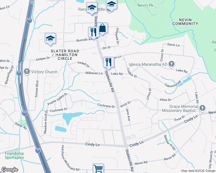 map of restaurants, bars, coffee shops, grocery stores, and more near 5214 Wayside Court in Charlotte