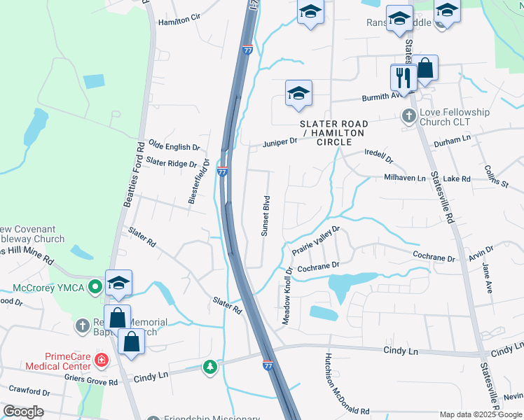 map of restaurants, bars, coffee shops, grocery stores, and more near 2221 Sunset Boulevard in Charlotte