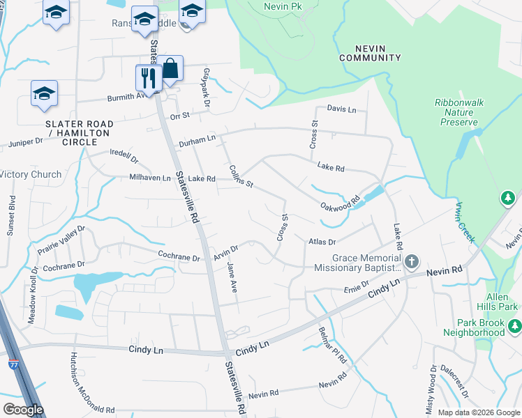 map of restaurants, bars, coffee shops, grocery stores, and more near 4239 Red Shed Lane in Charlotte