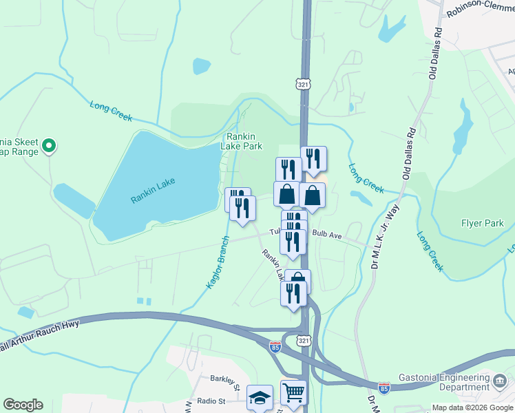 map of restaurants, bars, coffee shops, grocery stores, and more near 1664 Rankin Lake Road in Gastonia