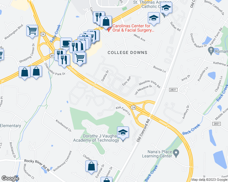 map of restaurants, bars, coffee shops, grocery stores, and more near 1315 East West T Harris Boulevard in Charlotte