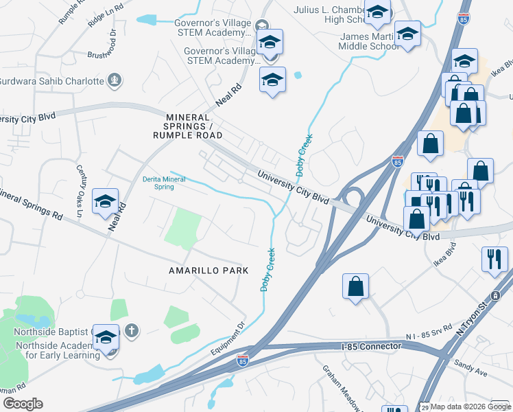 map of restaurants, bars, coffee shops, grocery stores, and more near 7318 Canyon Drive in Charlotte