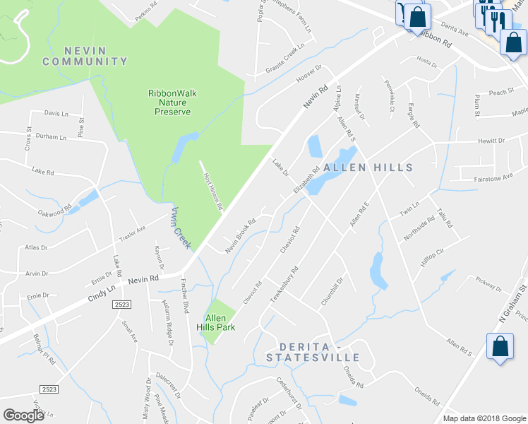 map of restaurants, bars, coffee shops, grocery stores, and more near 3310 Nevin Brook Road in Charlotte