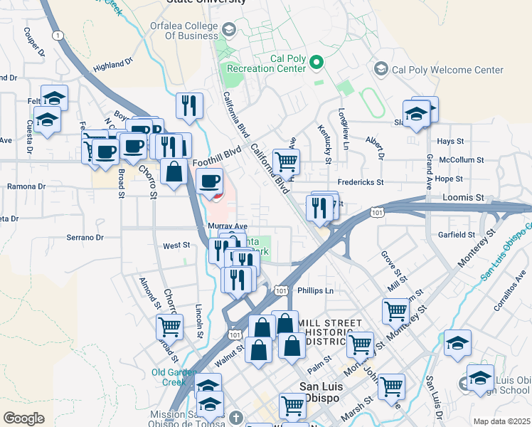 map of restaurants, bars, coffee shops, grocery stores, and more near 144 Stenner Street in San Luis Obispo