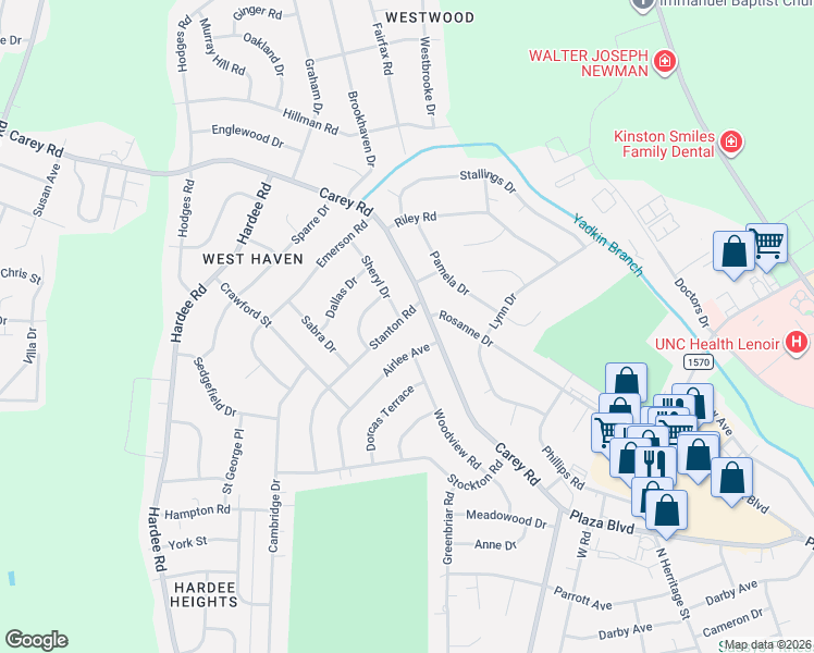 map of restaurants, bars, coffee shops, grocery stores, and more near 2701 Sheryl Drive in Kinston