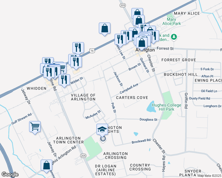 map of restaurants, bars, coffee shops, grocery stores, and more near 6075 Polk Street in Arlington