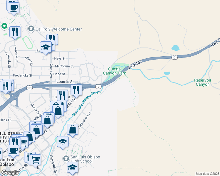 map of restaurants, bars, coffee shops, grocery stores, and more near 2207 San Luis Drive in San Luis Obispo