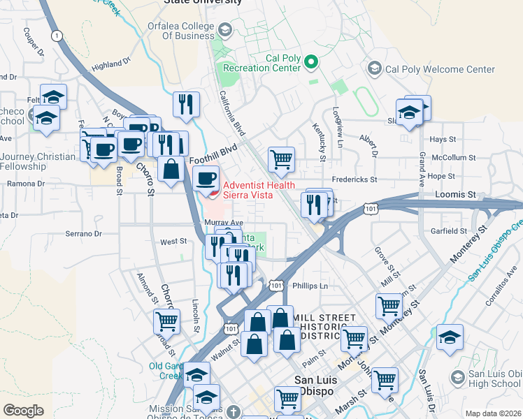 map of restaurants, bars, coffee shops, grocery stores, and more near 144 Stenner Street in San Luis Obispo