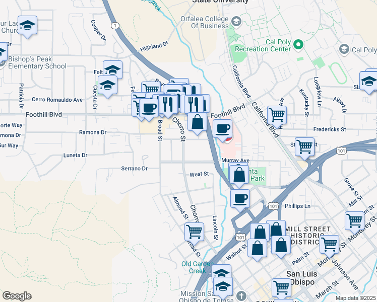 map of restaurants, bars, coffee shops, grocery stores, and more near 813 Meinecke Avenue in San Luis Obispo