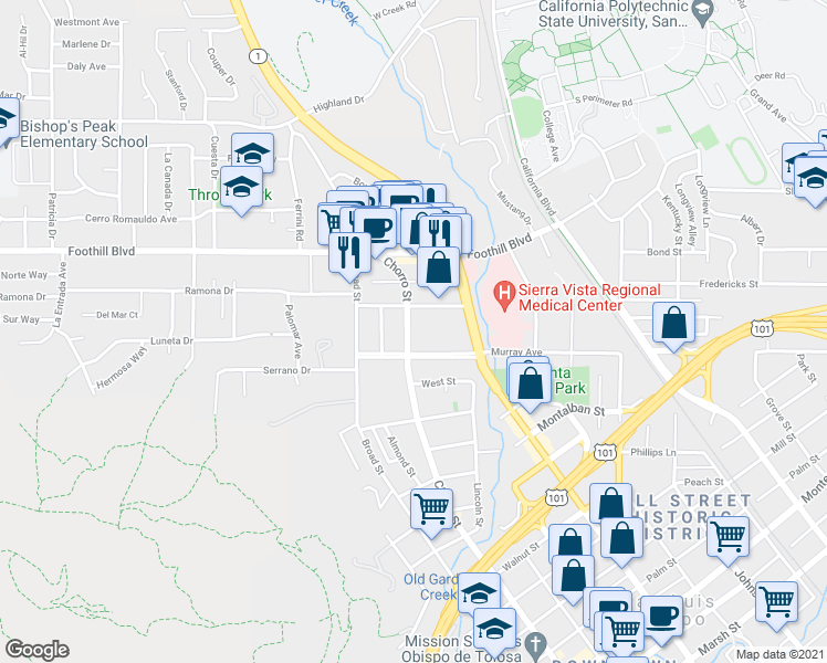 map of restaurants, bars, coffee shops, grocery stores, and more near 813 Meinecke Avenue in San Luis Obispo