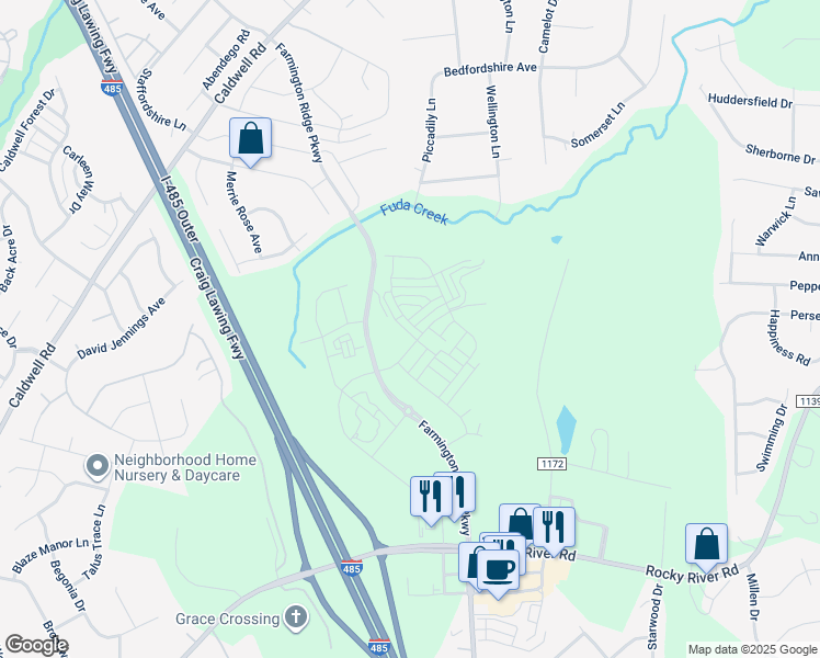 map of restaurants, bars, coffee shops, grocery stores, and more near 4538 Rocky River Crossing Road in Harrisburg