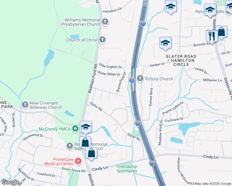 map of restaurants, bars, coffee shops, grocery stores, and more near 2004 Helen Harper Court in Charlotte