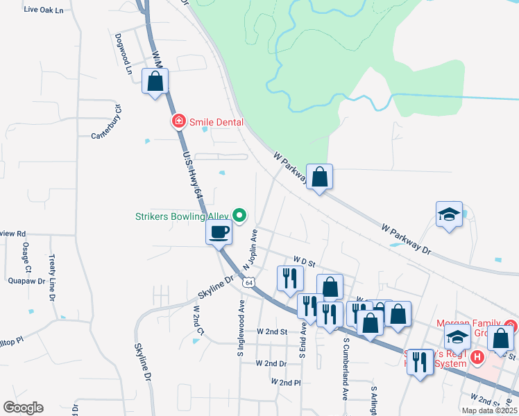 map of restaurants, bars, coffee shops, grocery stores, and more near 408 North Joplin Place in Russellville