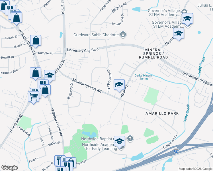 map of restaurants, bars, coffee shops, grocery stores, and more near 2600 Century Oaks Lane in Charlotte