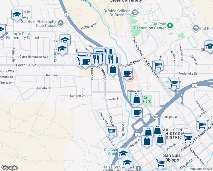 map of restaurants, bars, coffee shops, grocery stores, and more near 813 Meinecke Avenue in San Luis Obispo