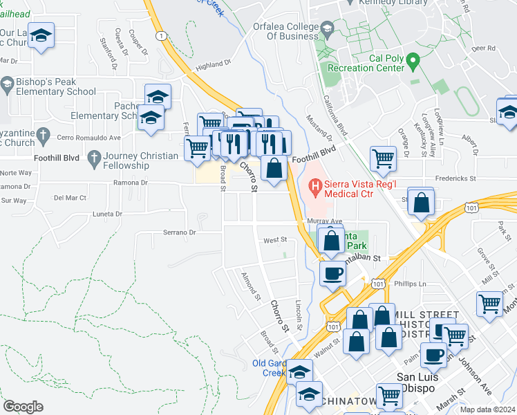 map of restaurants, bars, coffee shops, grocery stores, and more near 66 Chorro Street in San Luis Obispo