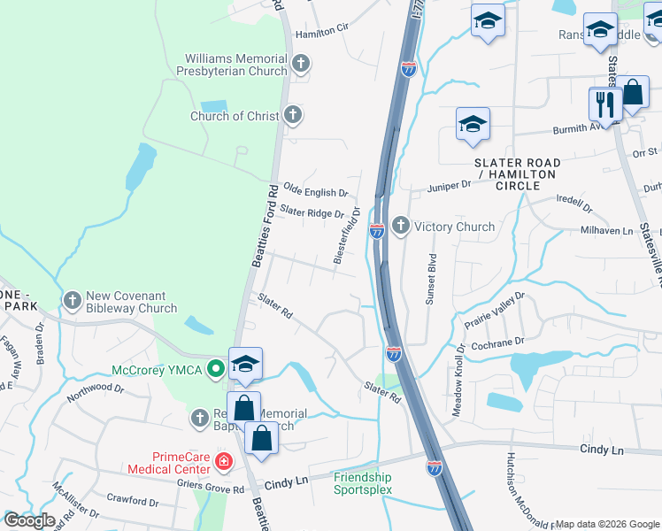 map of restaurants, bars, coffee shops, grocery stores, and more near 2004 Helen Harper Court in Charlotte