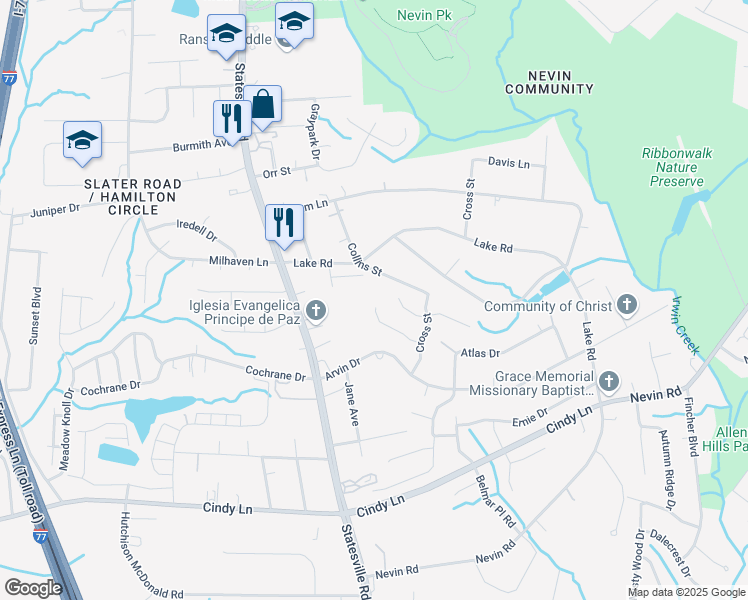 map of restaurants, bars, coffee shops, grocery stores, and more near 4340 Hey Rock Court in Charlotte
