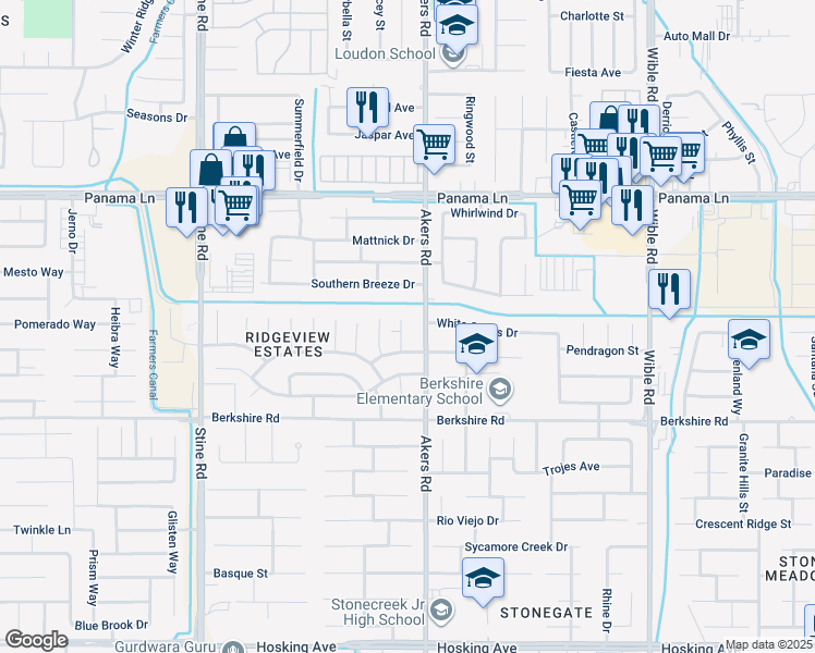 map of restaurants, bars, coffee shops, grocery stores, and more near 6912 Oak Forest Court in Bakersfield