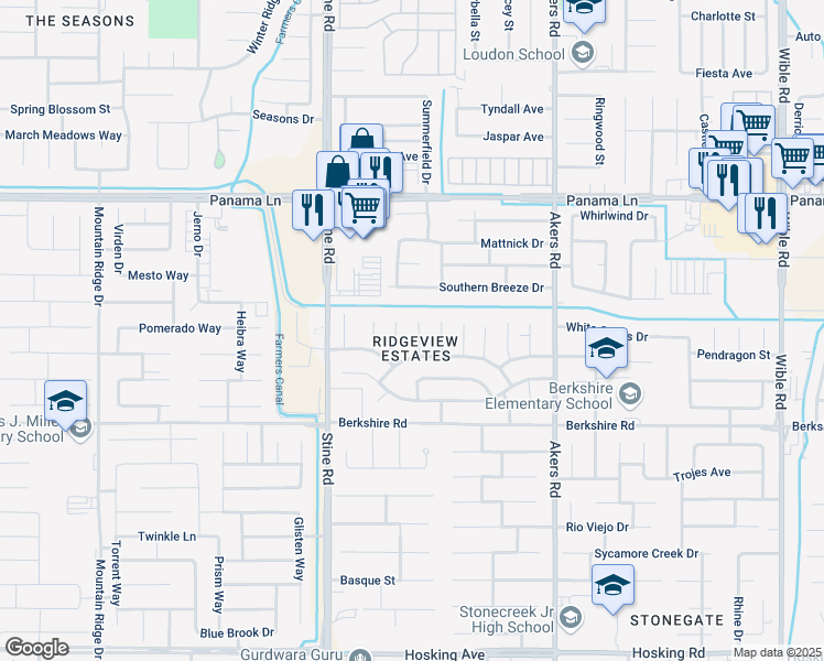 map of restaurants, bars, coffee shops, grocery stores, and more near 6911 Safflower Court in Bakersfield