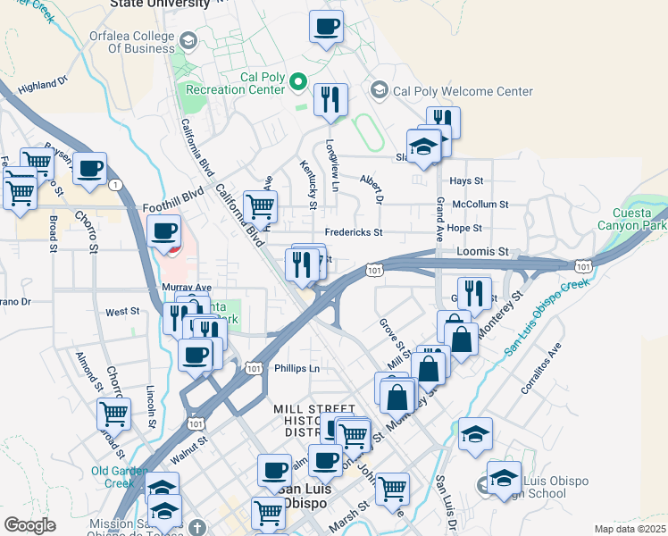 map of restaurants, bars, coffee shops, grocery stores, and more near 1369 Stafford Street in San Luis Obispo
