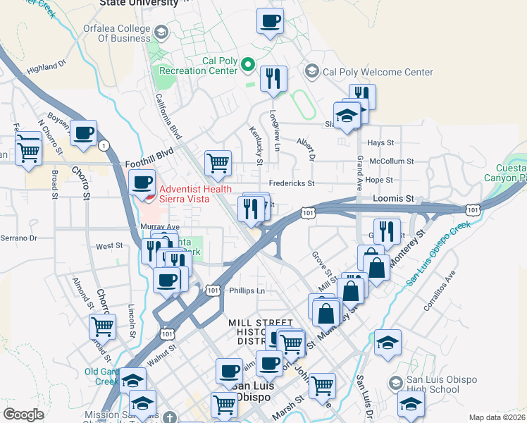 map of restaurants, bars, coffee shops, grocery stores, and more near 1369 Stafford Street in San Luis Obispo