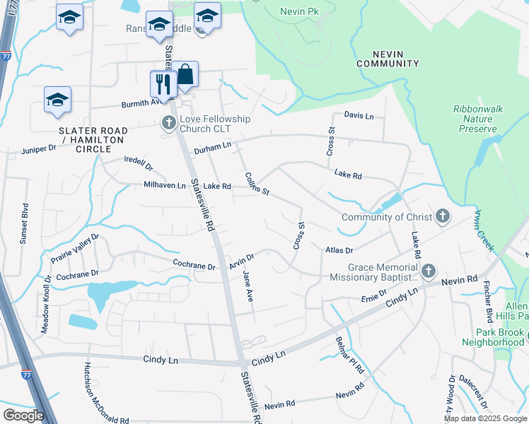 map of restaurants, bars, coffee shops, grocery stores, and more near 4239 Red Shed Lane in Charlotte