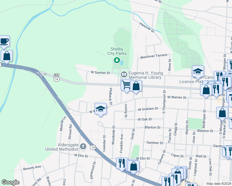 map of restaurants, bars, coffee shops, grocery stores, and more near 108 Bowman Street in Shelby