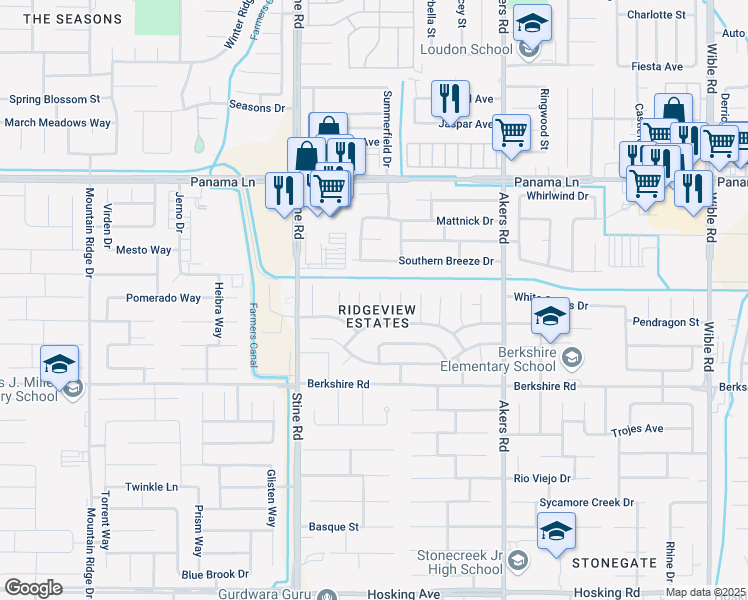map of restaurants, bars, coffee shops, grocery stores, and more near 6911 Safflower Court in Bakersfield
