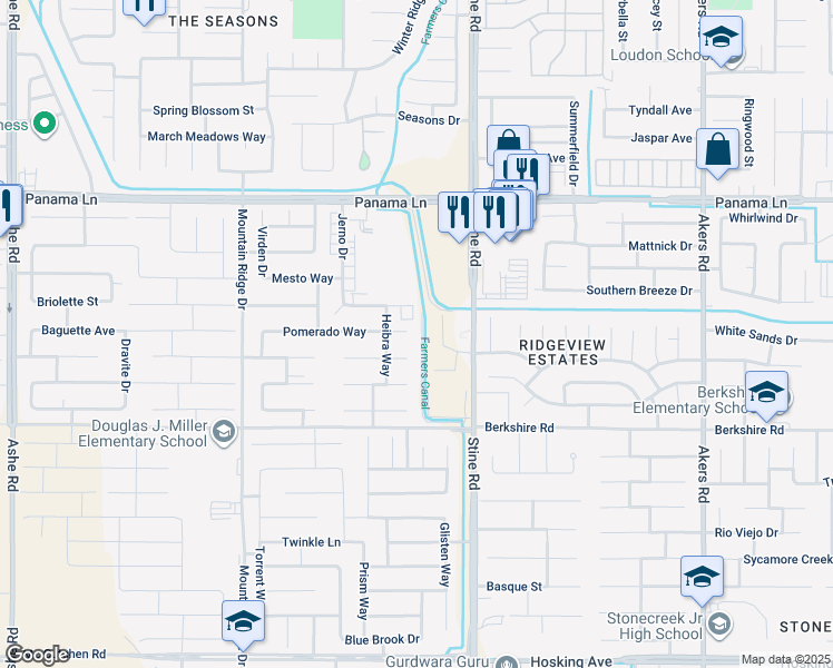 map of restaurants, bars, coffee shops, grocery stores, and more near 5100 Pomerado Way in Bakersfield