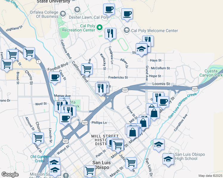 map of restaurants, bars, coffee shops, grocery stores, and more near 1377 Stafford Street in San Luis Obispo