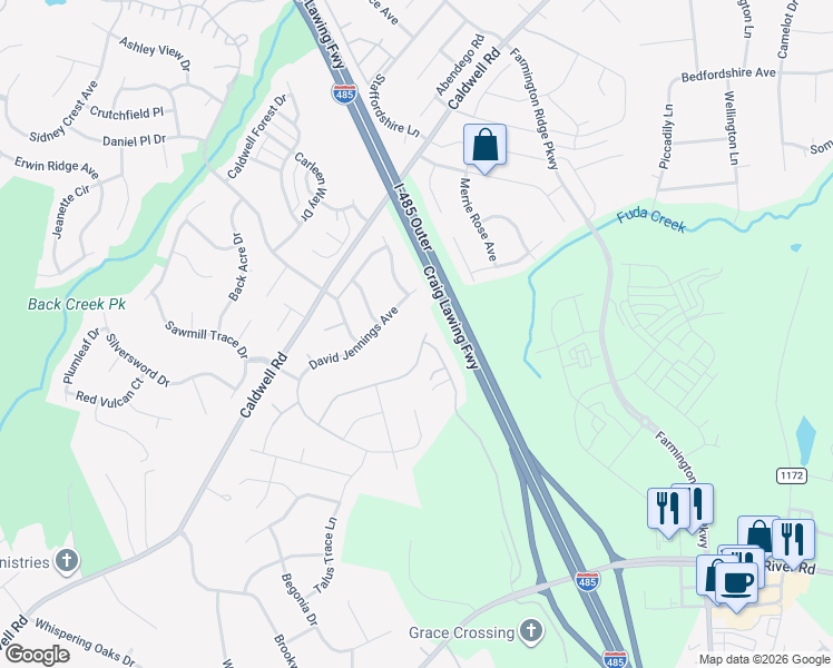 map of restaurants, bars, coffee shops, grocery stores, and more near 4619 Gatesmills Avenue in Charlotte