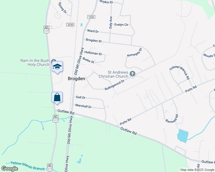 map of restaurants, bars, coffee shops, grocery stores, and more near 215 Rollingwood Drive in Brogden