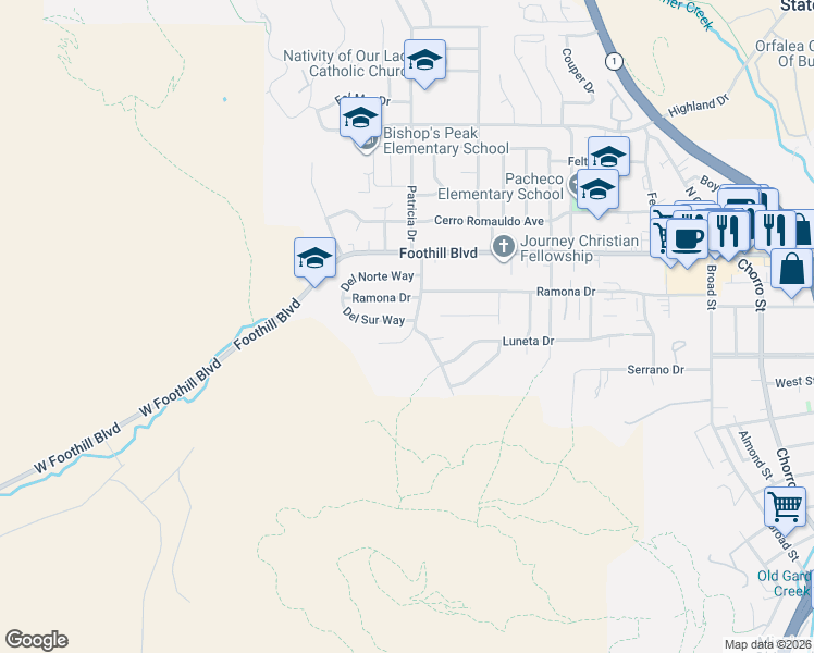 map of restaurants, bars, coffee shops, grocery stores, and more near 186 Del Sur Way in San Luis Obispo