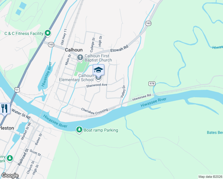 map of restaurants, bars, coffee shops, grocery stores, and more near 120 Fairhill Avenue in Calhoun