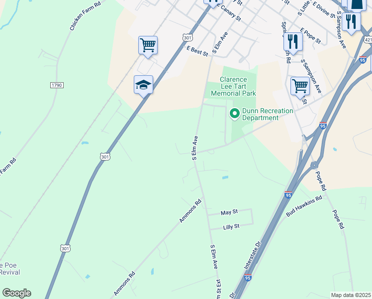 map of restaurants, bars, coffee shops, grocery stores, and more near 102 Covington Lane in Dunn
