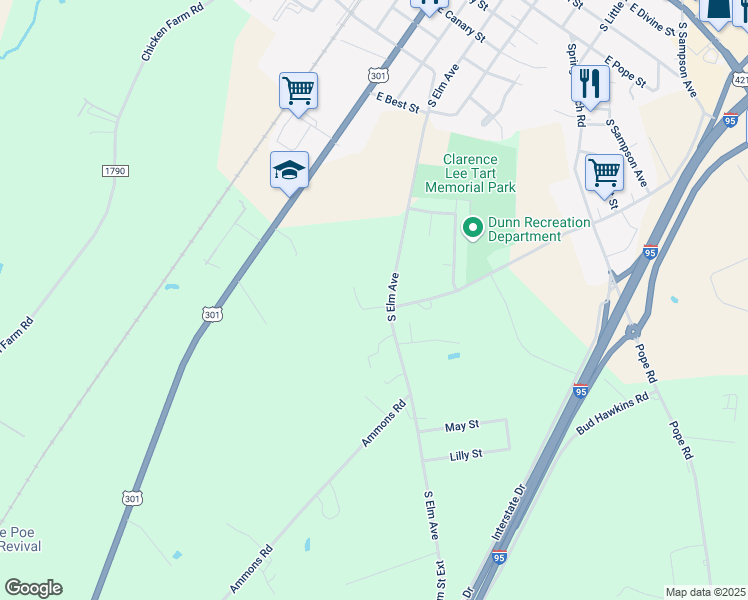 map of restaurants, bars, coffee shops, grocery stores, and more near 102 Covington Lane in Dunn